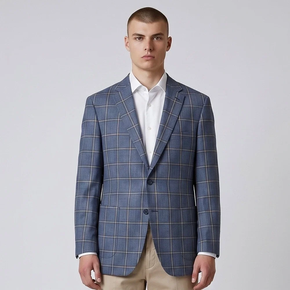 Peter Millar Crown Wool Sport Coat Jacket Men M 42R Blue Windowpane Blazer Plaid